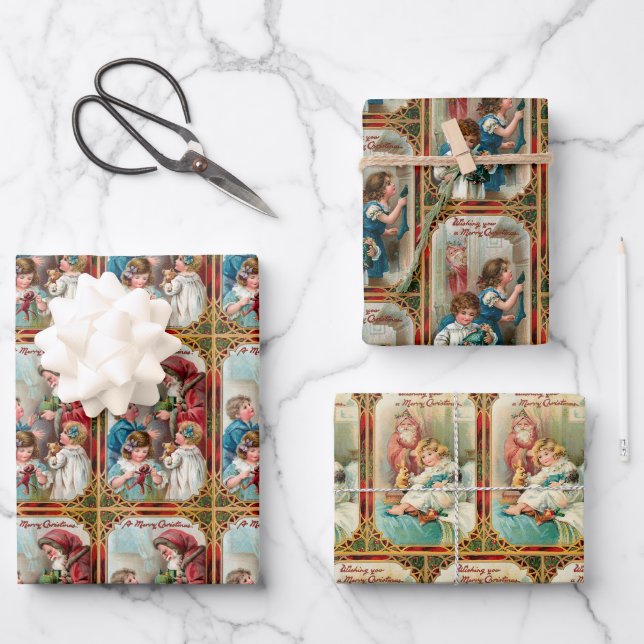 Vintage Father Christmas with Children Wrapping Paper Sheet (Front)