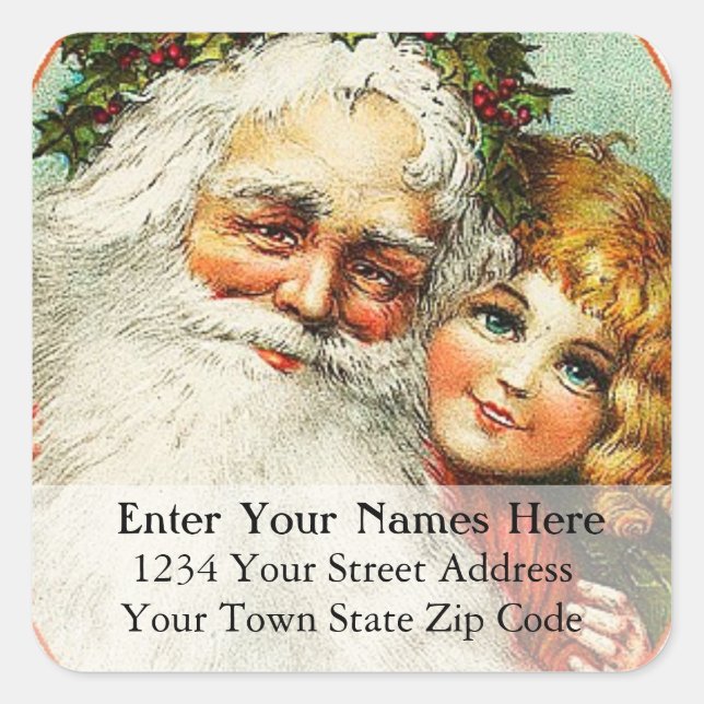 Vintage Father Christmas With Girl Address Label (Front)