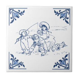 Vintage Father & Kids Playing Delft Blue and White Tile