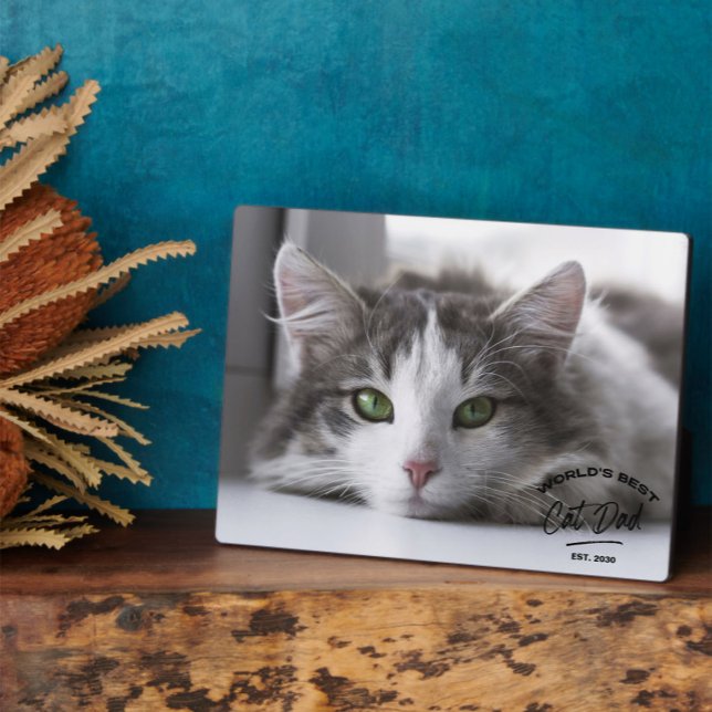 Vintage Father's Day Best Cat Dad Photo Plaque (Easily personalize this Cat Daddy photo plaque with your photo and year, for a very special gift)