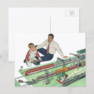 Vintage Father's Day, Dad and Son with Trains Postcard