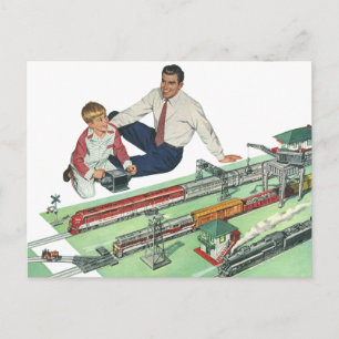 Vintage Father's Day, Dad and Son with Trains Postcard