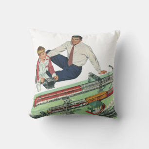 Vintage Father's Day, Dad and Son with Trains Throw Pillow