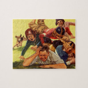 Vintage Father's Day, Football Kids and Family Dog Jigsaw Puzzle