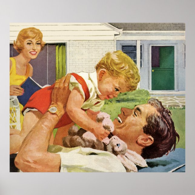 Vintage Fathers Day, Happy Family in the Suburbs Poster (Front)