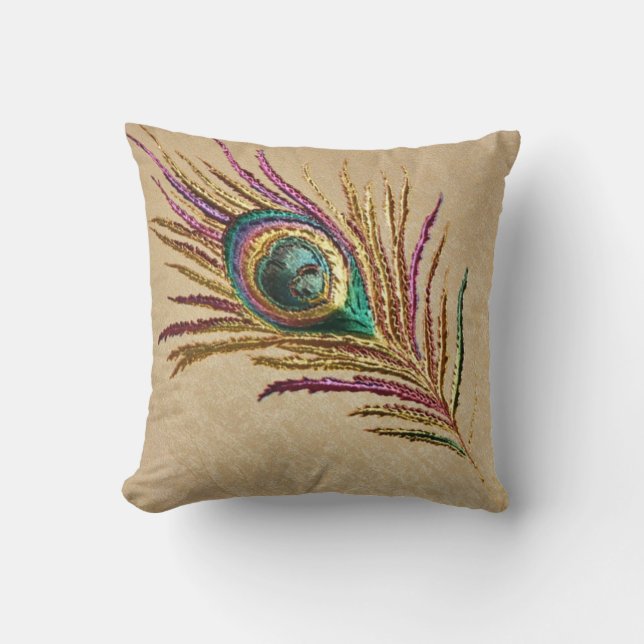 Vintage Faux Embroidered Peacock Feather Throw Pillow (Front)