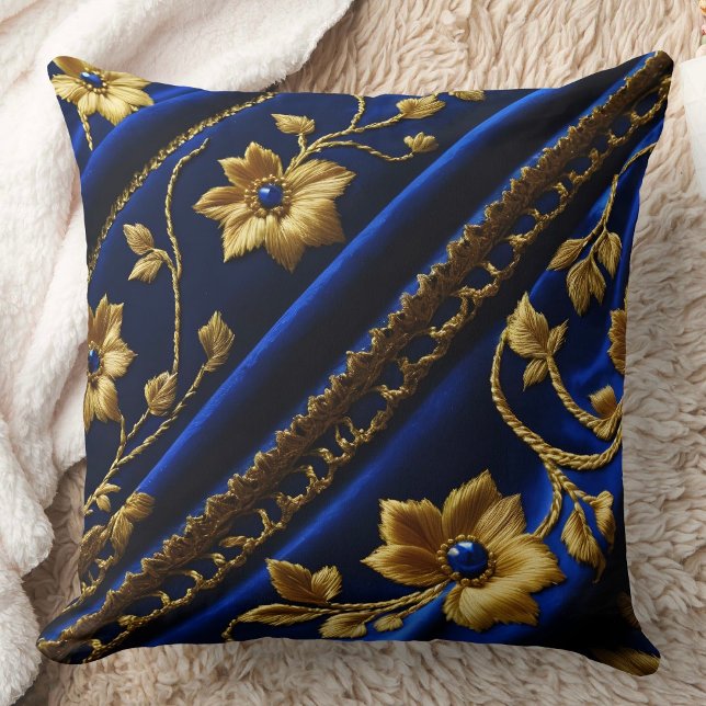 Vintage faux Embroidery Blue Gold Flowers Throw Pillow (Creator Uploaded)