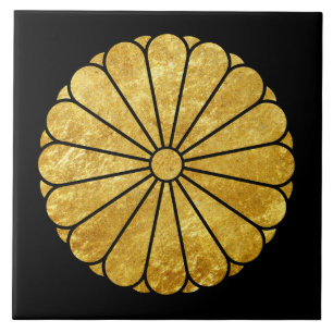Vintage Faux Gold Black Kiku Chrysanthemum Mon Tile
