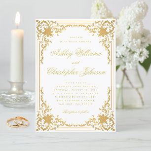 Vintage Faux Gold Elegant Ornate White Wedding Invitation
