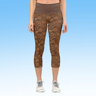 Vintage Faux Leather with Tooled Look Floral Capri Leggings