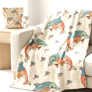 Vintage Faux Quilted Patchwork Dolphin Design Fleece Blanket