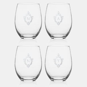 Vintage Faux Silver Crests Grey Monogram Initials Stemless Wine Glass