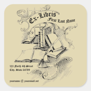Vintage Feather Pen & Books Ex Libris Template Square Sticker