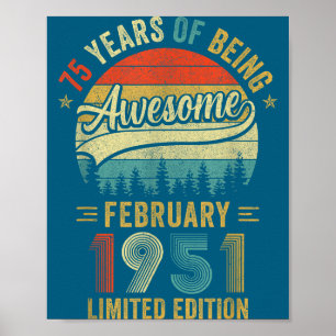 Vintage February 1951 Old 75th Birthday Men Women  Poster