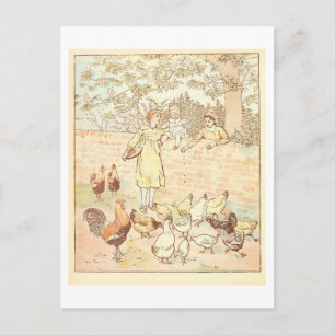 Vintage "Feeding the Chickens" Illustration Postcard