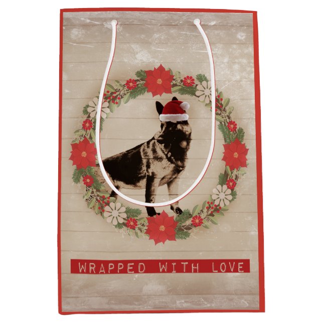 Vintage Feel German Shepherd Holiday Medium Gift Bag (Front)
