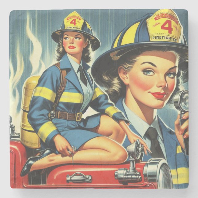 Vintage Female Firefighter Stone Coaster (Front)