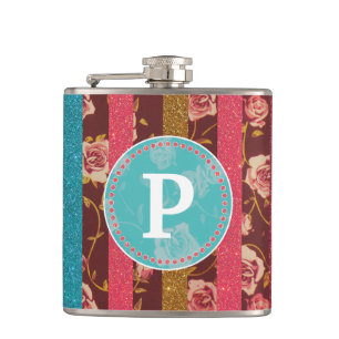 Vintage Feminine Glitter and Floral Monogram Hip Flask