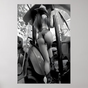 Vintage Feminist Art Print Woman on Tractor, Black