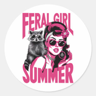 Vintage Feral Girl Summer Opossum Funny Raccoon Classic Round Sticker