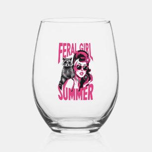 Vintage Feral Girl Summer Opossum Funny Raccoon  Stemless Wine Glass