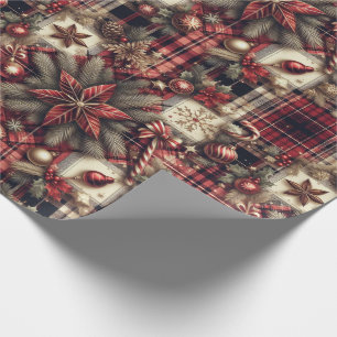 Vintage Festive Christmas Botanical Greenery Plaid Wrapping Paper