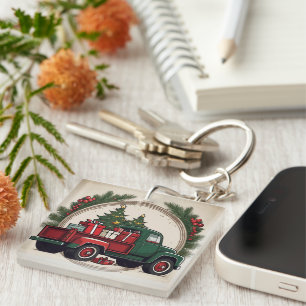 Vintage Festive Christmas Truck with Trees & Gifts Keychain