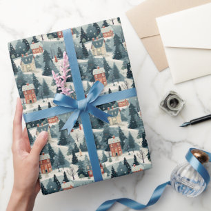 Vintage Festive Christmas Village Pattern Wrapping Paper