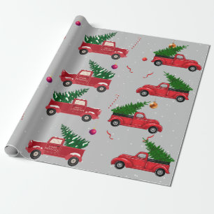 Vintage Festive Fala Christmas Tree Van Gift White Wrapping Paper