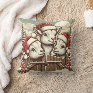 Vintage Festive Peeking goats Throw Pillow