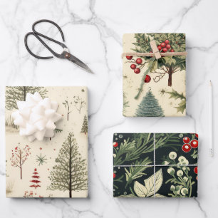 Vintage Festive Tree Pattern Wrapping Paper Sheet