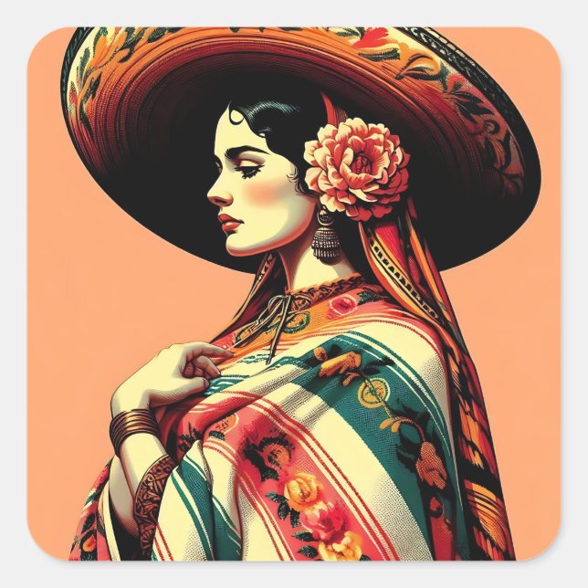 Vintage Fiesta Mujer Mariachi Mexicana Square Sticker (Front)
