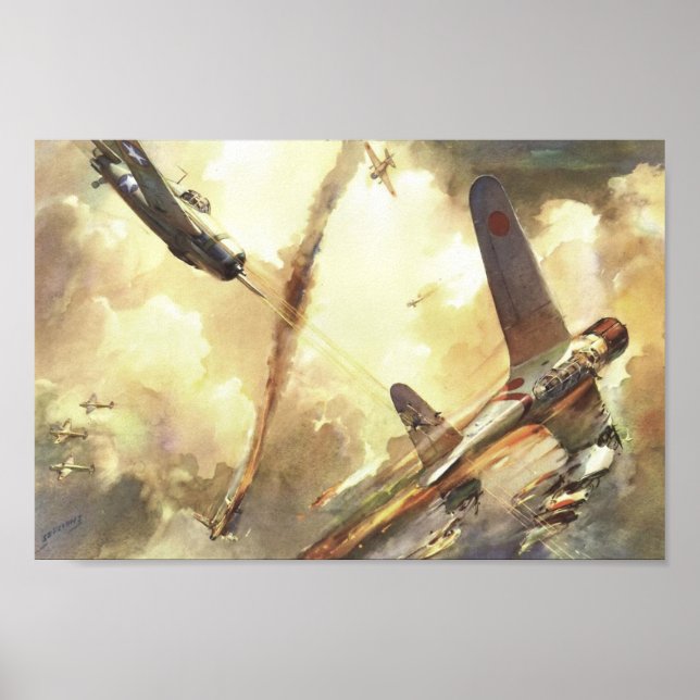 Vintage Fighter Airplane Dogfight Art Print (Front)