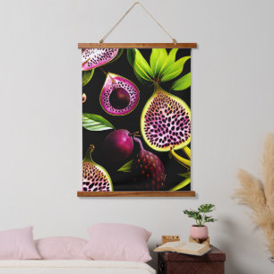 Vintage Figs and Dragon Fruit Black Botanical  Hanging Tapestry