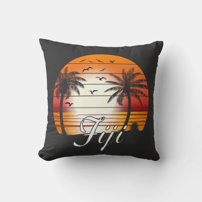 Vintage Fiji Palm Trees Summer Beach Throw Pillow (Front)