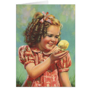 Vintage fille avec bébé poussin, Joyeux enfant sou