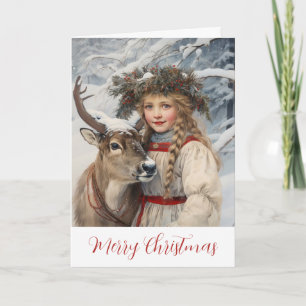 Vintage fille avec carte de Noël Reindeer