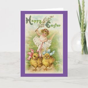 Vintage fille avec poussins Carte Pâques