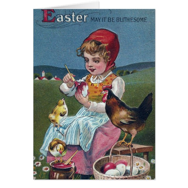 Vintage Fille de Pâques Peinture Oeuf Avec Poulets (Devant)