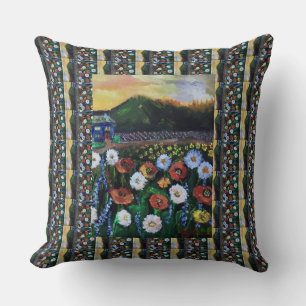 Vintage Fine Folk Art Field of Flowers Pattern Throw Pillow