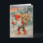 Vintage Finnish Joulupukki Christmas Card<br><div class="desc">Retro / Vintage Finnish Christmas greeting card.  Little dwarf joulupukki travelling through the woods with a basket full of gifts!  Joulupukki Matkaan Taas Käy!  Santa is on his way!</div>