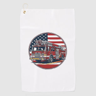 Vintage Fire Truck American Flag Circle Vector Shi Golf Towel