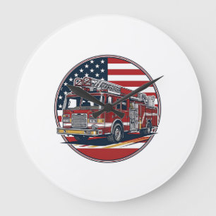 Vintage Fire Truck American Flag Circle Vector Shi Large Clock