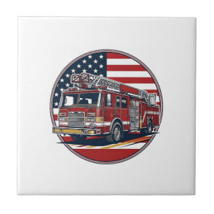 Vintage Fire Truck American Flag Circle Vector Shi Tile