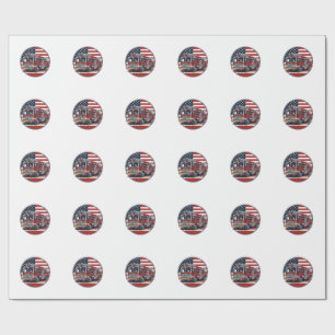 Vintage Fire Truck American Flag Circle Vector Shi Wrapping Paper