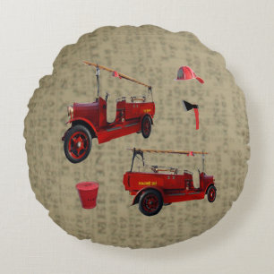 Vintage Fire Truck On Vintage Newspaper Print, Round Pillow