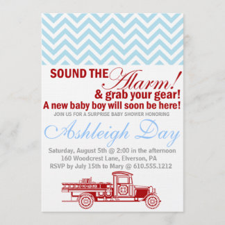 Vintage Firetruck Blue Chevron Baby Shower Invite