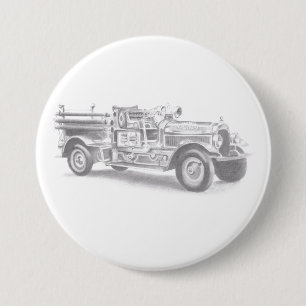 vintage firetruck pencil sketch fireman drawing 3 inch round button