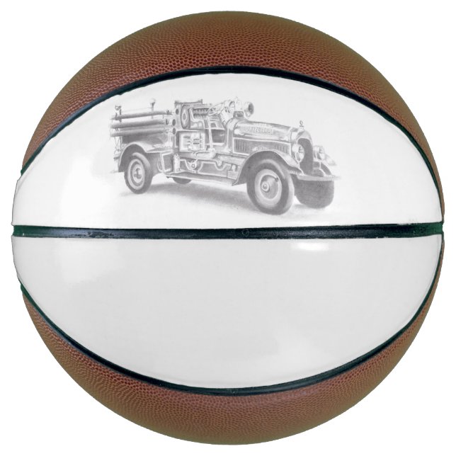 vintage firetruck pencil sketch fireman drawing  basketball (Front)