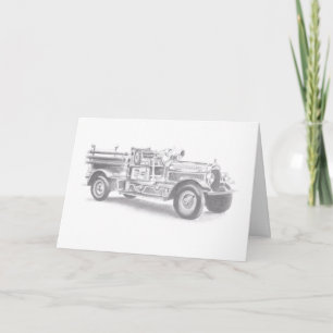 vintage firetruck pencil sketch fireman drawing  card